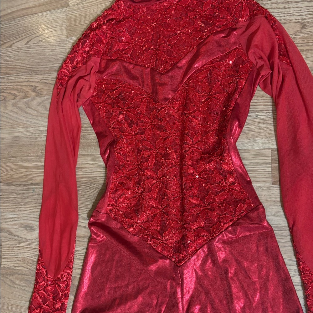 Red Lace and Satin Long Sleeve Dress